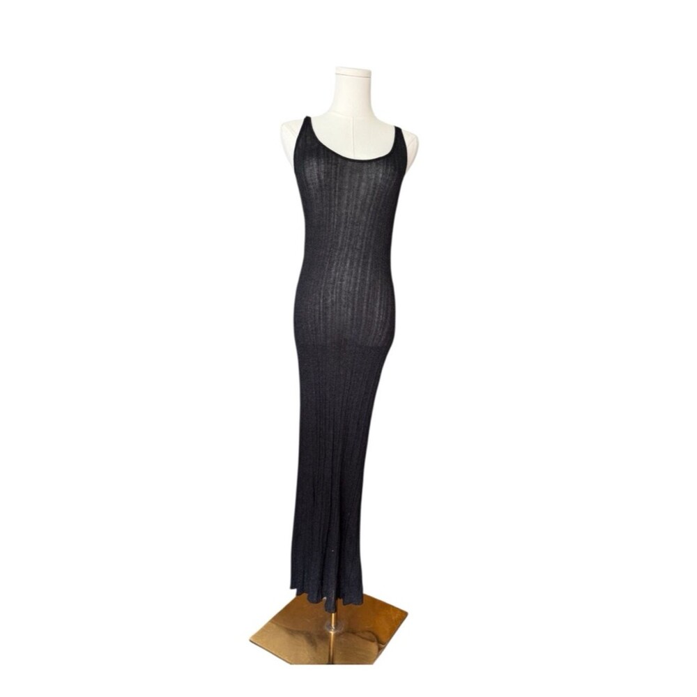 Black Sheer Knit Maxi Dress Sleeveless Bodycon Cover Up Minimalist Crescent